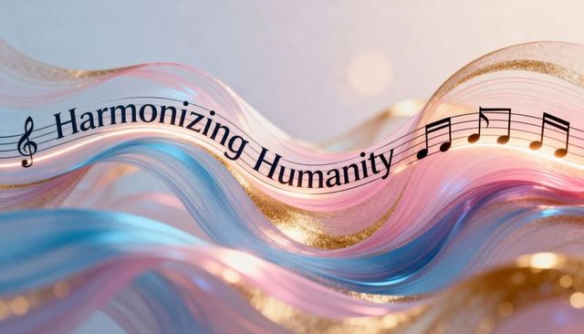 Harmonizing Humanity flowing ribbon music staff pastel gradients gold glitter bokeh elegant