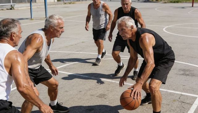 Senior men driving low and dribbling on outdoor basketball court during intense pickup game