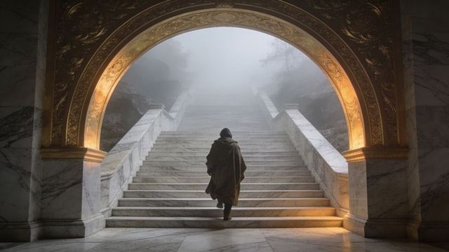 Hooded pilgrim climbing marble staircase under gilded arch, misty palatial ascent, solitary traveler