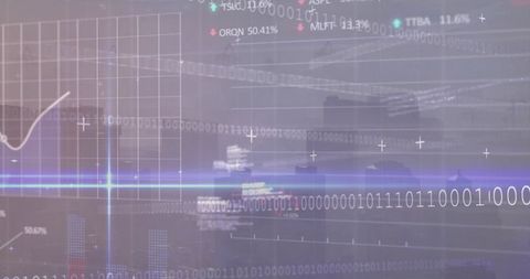 Streaming binary hud overlay with glowing streak and data visualization over city skyline