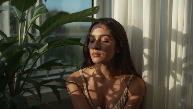 Sunlit woman closing eyes by window with plant leaf shadows, serene interior portrait