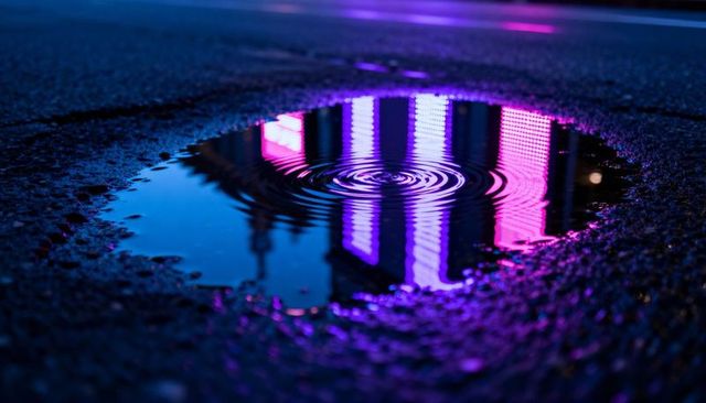 Reflecting neon ripples on wet asphalt at night
