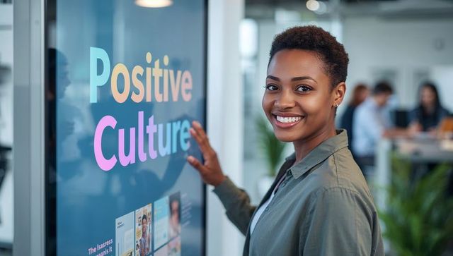 Smiling professional tapping touchscreen with positive culture message in modern office