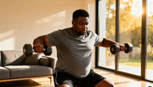 Performing seated lateral raises with hex dumbbells in bright living room for home workout