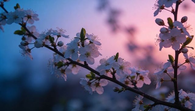 Blooming white cherry blossom branch at twilight with soft pastel bokeh