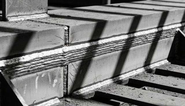 Close-up weld seam on steel plate with bold shadows and industrial grating texture
