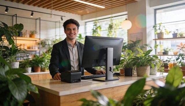 Smiling retail staff standing behind wooden counter in plant shop with computer and pos