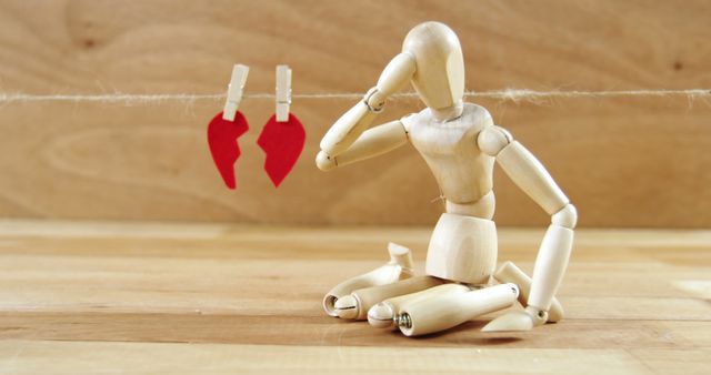 A wooden figure embodies heartbreak beside a broken heart, symbolizing loss or a breakup. - Download Free Stock Photos Pikwizard.com
