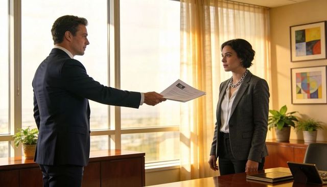Executive handing contract to colleague in highrise office with city view