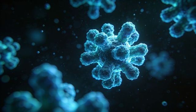 Glowing cyan virus particle floating in microscopic fluid with spiky nanostructure halo