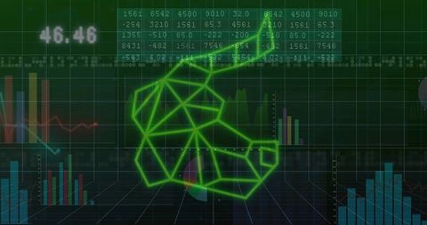 Neon Green Bull Symbol with Financial Charts and Tickers