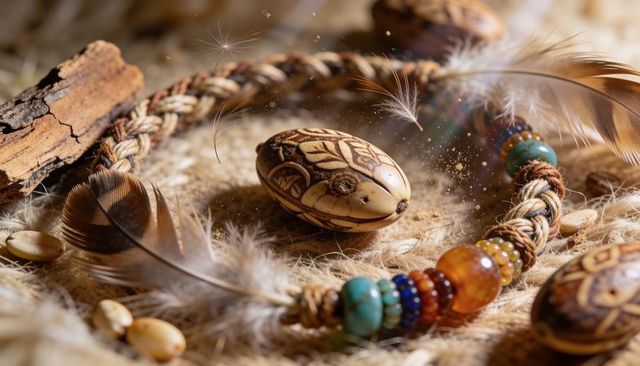 Carved oval bead sitting on woven mat with braided cord and turquoise amber beads