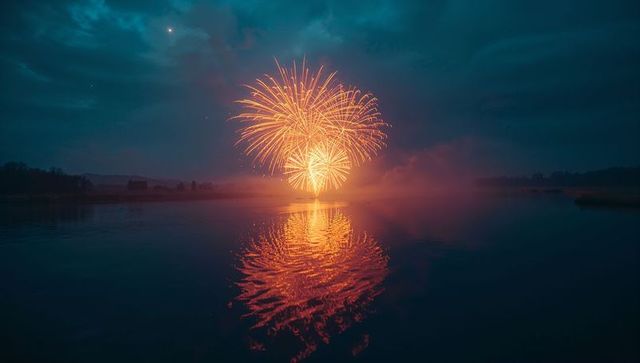 Dazzling fireworks reflecting on serene lake