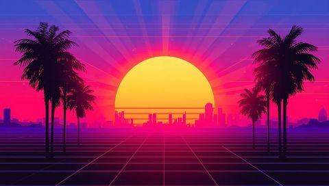 Glowing Neon Sunset Over Retro Grid Cityscape with Palm Tree Silhouettes and Oversized Sun