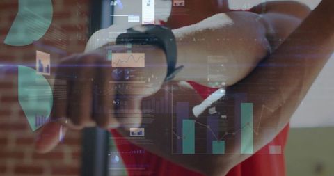 Athlete tracking with smartwatch and analytics overlays during gym training