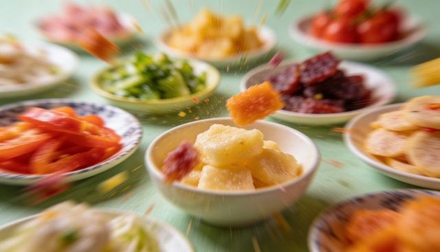 Motion-blurred pickled vegetable spread with central marinated radish cube suspended