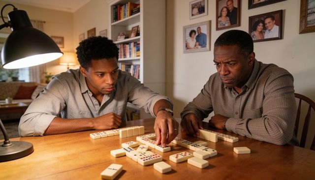 Father and son concentrating while playing dominoes at warm dining table under lamplight