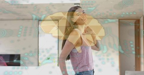 Smiling woman standing in modern living room with augmented reality honeycomb tech overlay