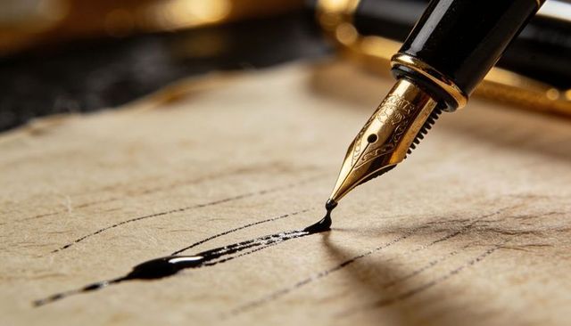 Gold-tipped fountain pen writing glossy black ink on vintage paper macro texture