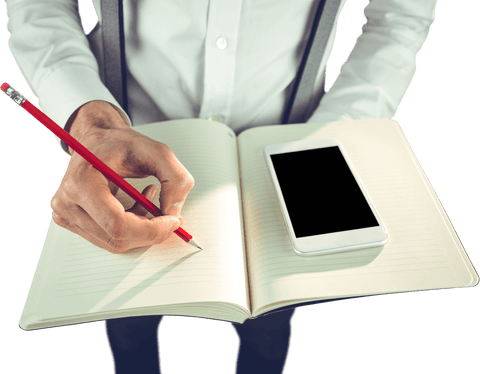 transparent mid section of man writing with mobile phone on notebook - Download Free Stock Videos Pikwizard.com