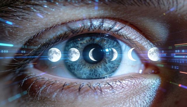 Gazing blue-green iris projecting lunar phases with neon HUD and futuristic overlay