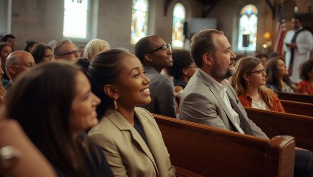 Diverse congregation listening attentively in church sanctuary