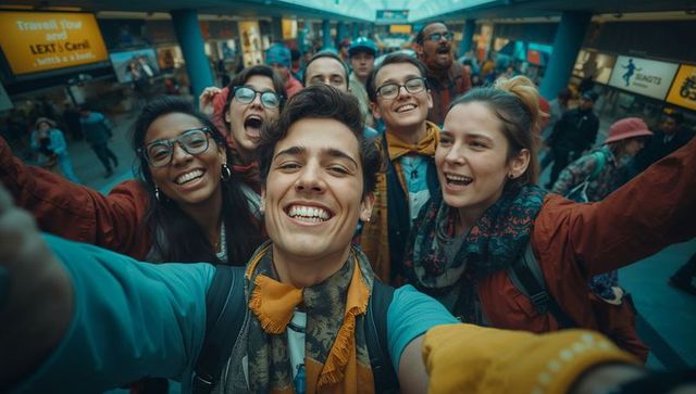 Group of Young Travelers Smiling on Urban Adventure