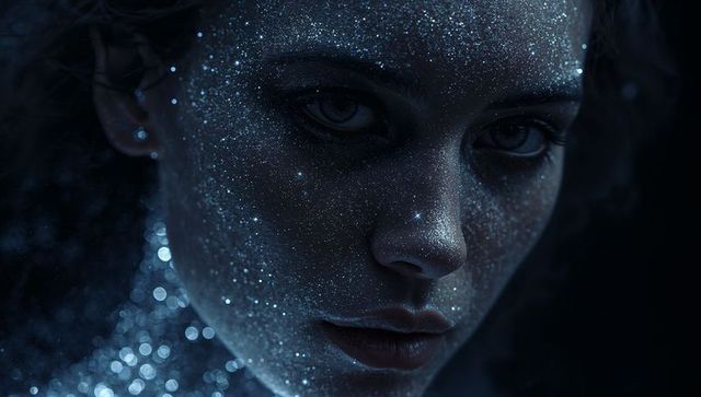 Gazing woman with glittering skin and cinematic blue lighting, dramatic closeup