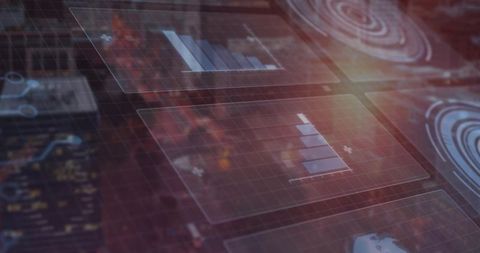 Futuristic holographic graph interface in night skyline background