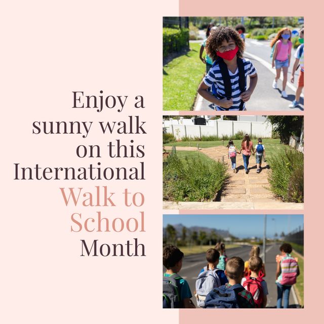 Children wearing face masks while walking to school, promoting International Walk to School Month. Emphasizes multiple benefits of healthy habits and safety amidst global health considerations. Useful for materials focusing on children's health, school events, health campaigns, and community safety initiatives.