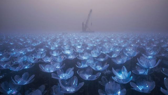 Ethereal glowing lotus field at dusk with blue led translucent blossoms and mist dreamlike