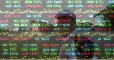 Golfer with stock market data overlay: sports and finance fusion
