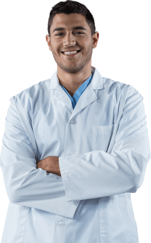 Confident doctor in white coat on transparent background