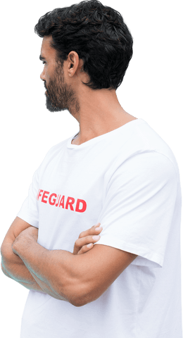 Contemplative Male Lifeguard in White Shirt Transparent Background