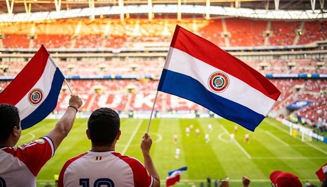 Paraguayan fans waving flags in stadium celebrating soccer match and national pride