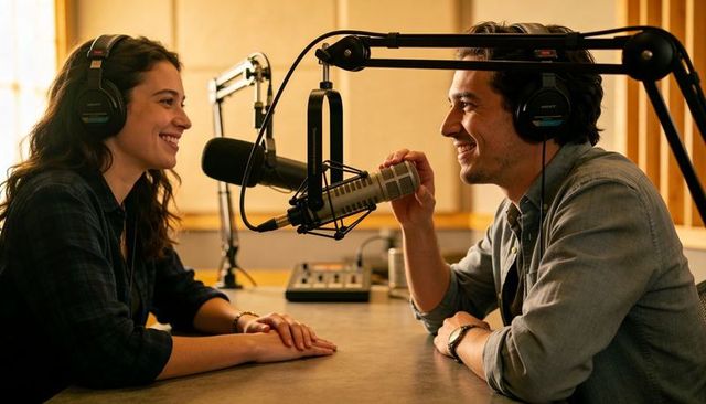 Two podcast cohosts recording lively conversation in cozy studio with professional microphones