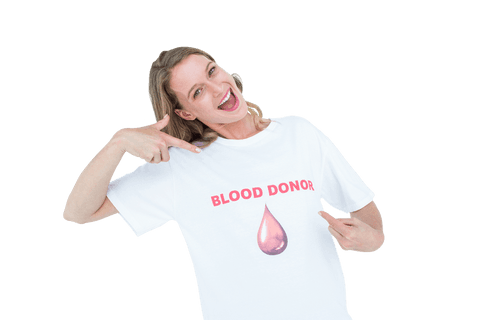 Happy woman wearing blood donor t-shirt transparent background