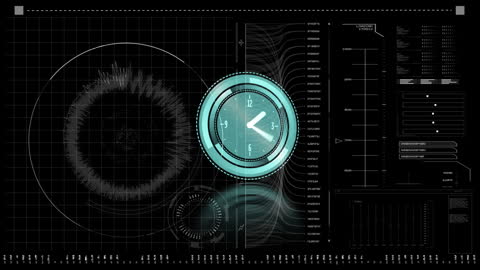 Digital Clock Interface with Data Streams on Abstract Screen