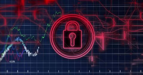 Neon Red Cybersecurity Padlock Over Financial Charts and Network Analytics Dashboard