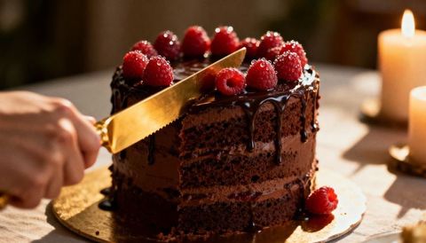 Slicing decadent chocolate layer cake dripping ganache and topped with fresh raspberries