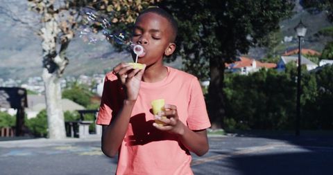Playful Boy Blowing Soap Bubbles Outdoors on Sunny Day