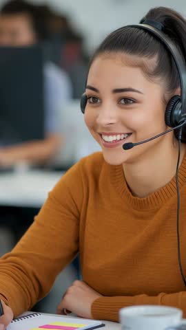 Smiling call center agent taking customer call while jotting notes at desk | Vertical video