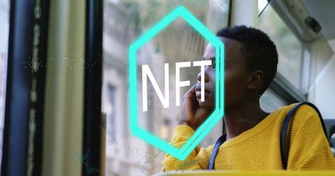 NFT Logo Overlay on Pensive African American Woman Traveling on Bus