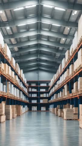 Vertical warehouse walkthrough showing LED-lit pallet racks and wide aisles for logistics