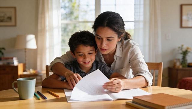 Mother helping son with workbook at sunny dining table, homeschooling and family learning