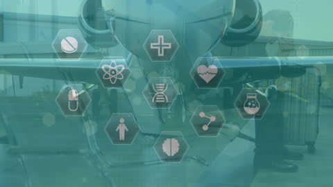 Medical Icons Overlaid on Airport Scene with Airplane