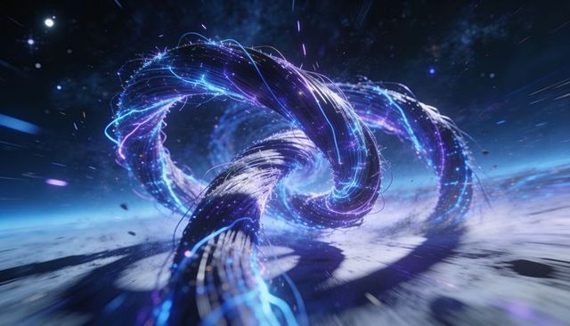 Twisting luminous energy vortex over alien planet surface, neon plasma ribbons