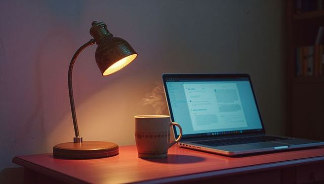 Cozy Home Office Workspace with Warm Lighting and Laptop