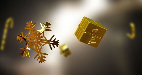 Floating golden snowflakes and gifts for festive cheer