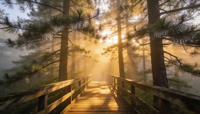 Sunlit boardwalk leading through misty pine forest with backlit silhouette and dewy branches